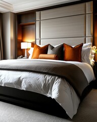 A luxurious bedroom with layered bedding, plush carpeting, and an elegant headboard
