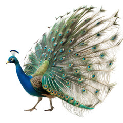 Majestic peacock displaying iridescent tail feathers in vibrant natural habitat © stockpro
