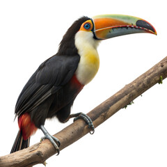 Colorful toucan with oversized beak perched on branch in lush tropical rainforest