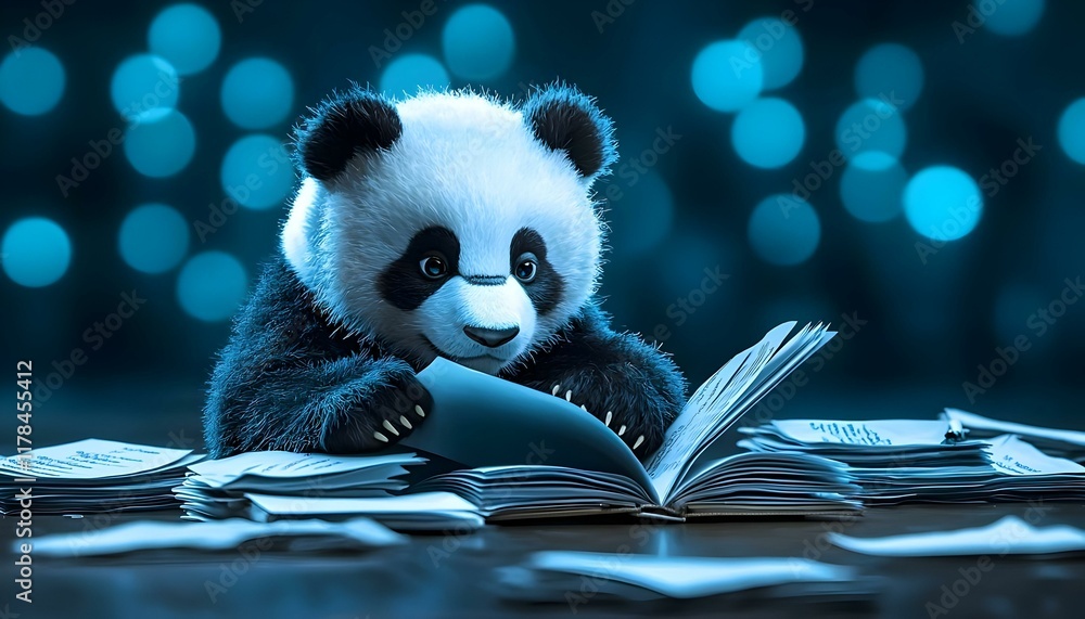 Poster panda data analyst, a panda intently reviewing data sheets, representing the blend of nature and ana