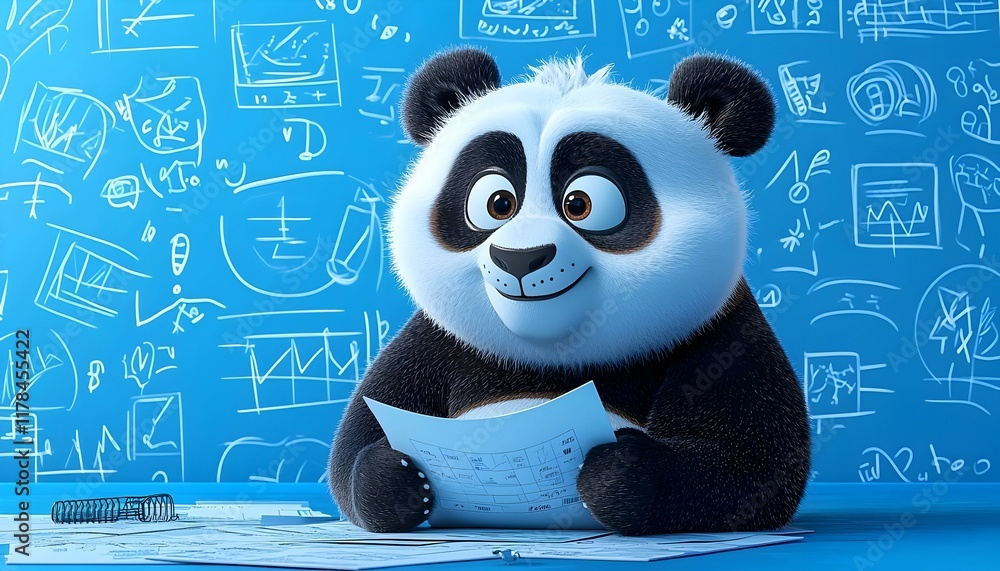 Poster panda data analyst, a panda intently reviewing data sheets, embodying the fusion of wildlife and ana