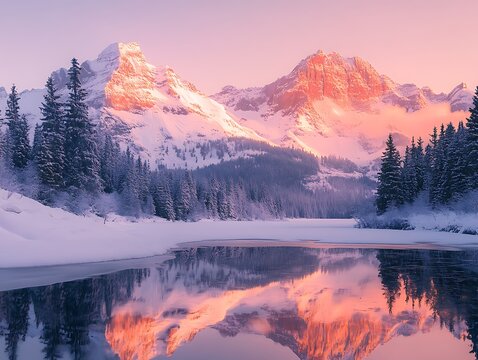 A serene snowy mountain landscape at sunrise, with soft light reflecting on the peaks and untouched snowfields below
