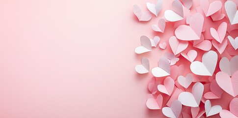 A flat lay composition of an envelope and paper hearts on pink background, symbolizing love letters for Valentine's Day