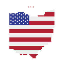 Ohio pixel flag map icon. 8 bit pixel art map covered with american flag. Flat vector illustration isolated on white background.