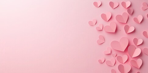 A flat lay composition of an envelope and paper hearts on pink background, symbolizing love letters for Valentine's Day