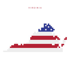 Fototapeta premium Virginia pixel flag map icon. 8 bit pixel art map covered with american flag. Flat vector illustration isolated on white background.