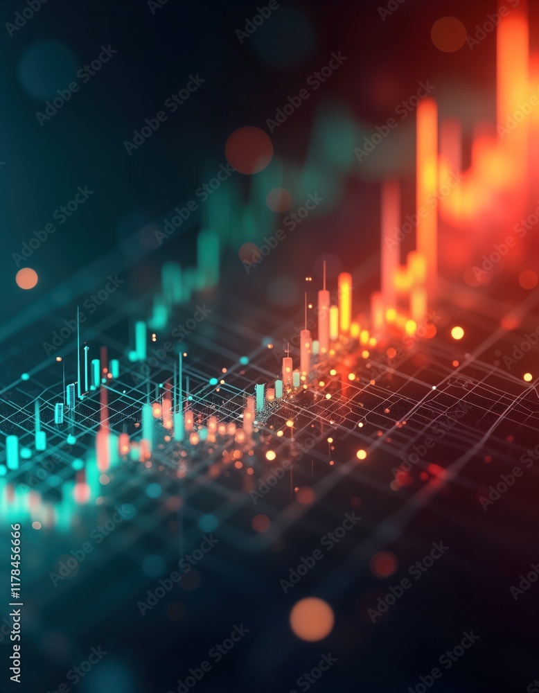 Aufkleber Dynamic financial data visualization. Abstract graph chart displays economic growth trends. Colorful bar chart shows rising revenue, profit. Complex data analysis concept with modern design elements.