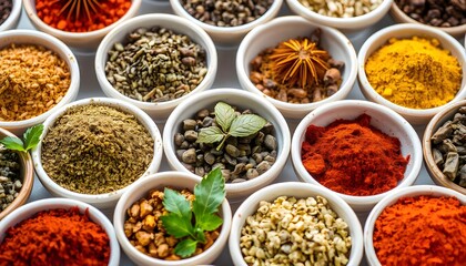 Exotic spices beautifully arranged in small bowls, each representing the rich and diverse flavors and aromas of international cuisine