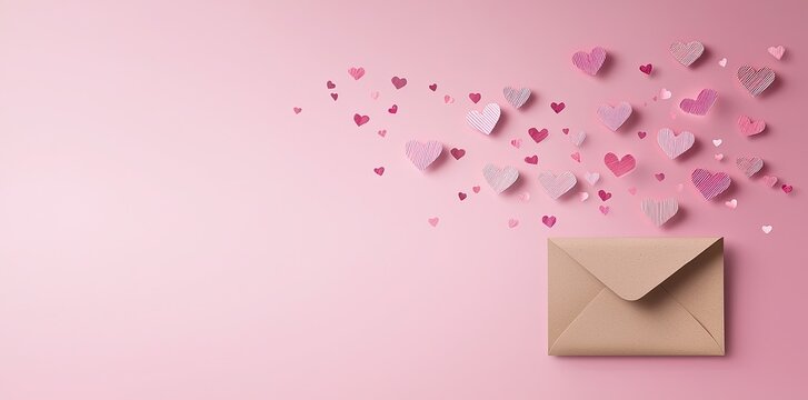 An envelope with paper hearts flying out on pink background, banner with copy space - Powered by Adobe