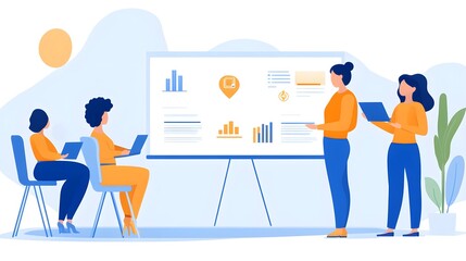 Three women collaborate on a project, reviewing data presented on a whiteboard.  They are using laptops and engaging in a productive meeting. The illustration is modern and minimalist.