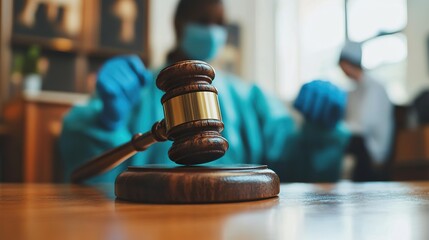 Forensic medicine, science or criminalistics legal investigation or medical practice - malpractice justice concept with judge gavel in hands of lab scientist or doctor for criminal and civil law