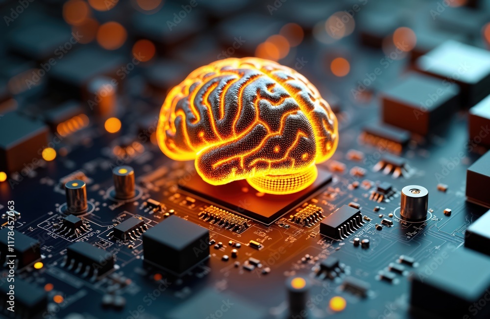 Poster Futuristic illustration of artificial intelligence concept. Brain shaped object glows orange on motherboard. Modern tech implementation in industries. Generative AI concept. Integrated circuits,