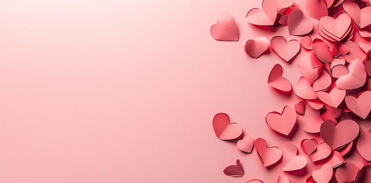 An envelope with paper hearts flying out on pink background, banner with copy space