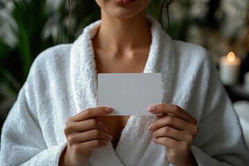 Woman in white bathrobe holds blank card. Perfect for spa, beauty, or wellness promotions.