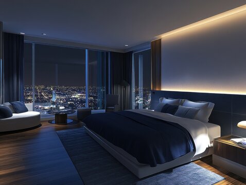 Modern bedroom with city night view. - Powered by Adobe