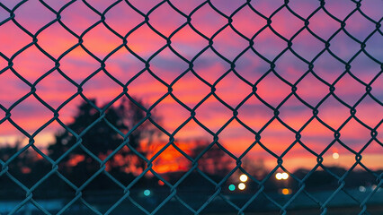Chain link Fence Pattern with trees sunset background 