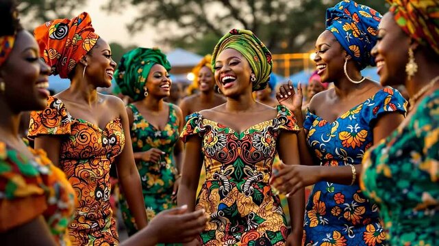 Joyful African Women Celebrate in Colorful Traditional Dresses and Head Wraps