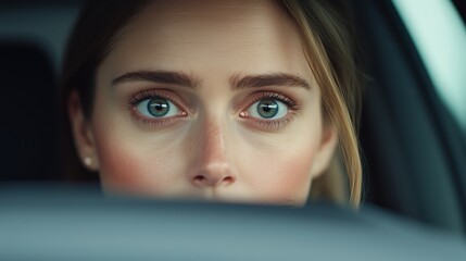 Close-up portrait of a young woman with striking blue eyes looking intently over a laptop screen.