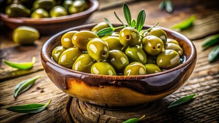 A bowl of green olives, sharply focused, minimalist food photography. Documentary aesthetic.