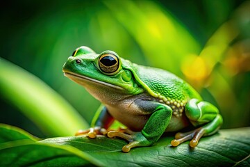 Naklejka premium A close-up reveals the exquisite detail of a green frog; a stunning wildlife image capturing amphibian beauty.