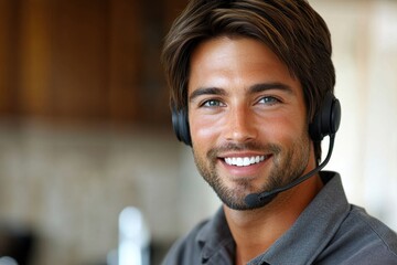Smiling man wearing a headset, providing excellent customer service. Perfect for websites, blogs, or articles about customer support and communication.