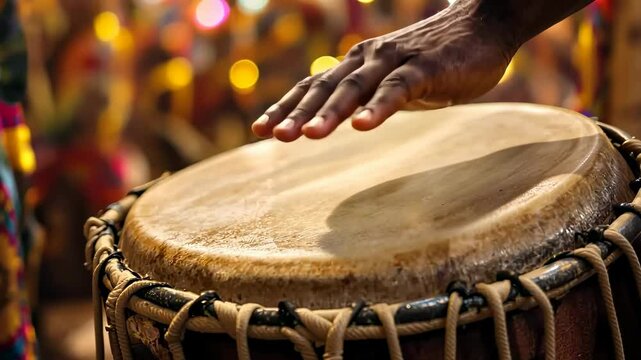 Close-Up: Hand Playing Traditional Djembe Drum with Colorful Bokeh Lights