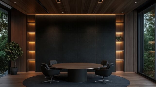 Modern dark wood office meeting room with large round table and dark wall.