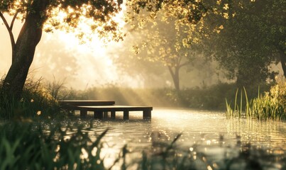Obraz premium Sunrise pier, misty riverbank, tranquil forest, peaceful scene, idyllic nature