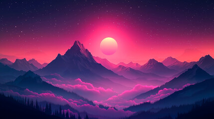 Pink and Purple Sunset over Majestic Mountains: A Dreamlike Landscape
