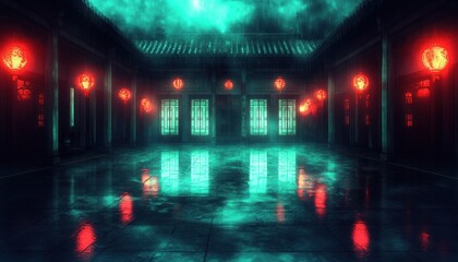 Obraz premium Nighttime Asian Courtyard, Mysterious Atmosphere, Lanterns, Wet Floor, Game Background