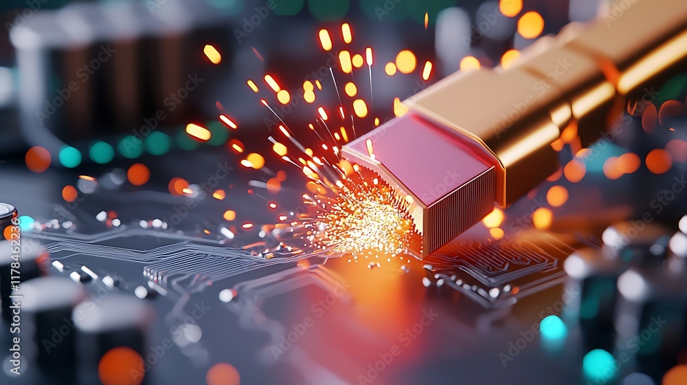 Poster close-up of a usb connector sparking on a circuit board, representing high-speed data transfer.