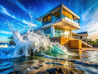Fototapeta premium Coastal Architecture Splashing Sea, Oceanfront Home, Architectural Photography