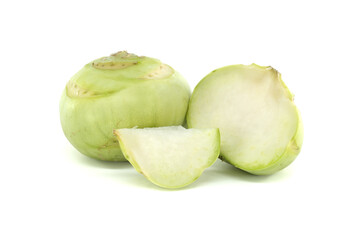 Fresh Kohlrabi Whole and Sliced on White Background