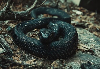 Black snake coiled on the ground with fallen leaves, showcasing intricate scales and a natural habitat, blending in with the earthy surroundings in a serene setting