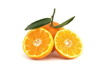 Fresh Whole Mandarin with Cut Halves and Green Leaves on White Background