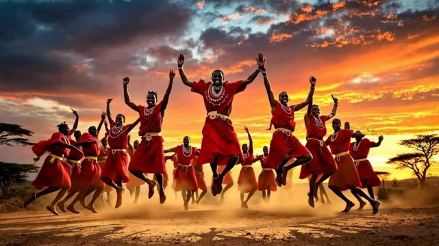 Joyful Maasai Dance at Sunset: A Celebration of African Culture