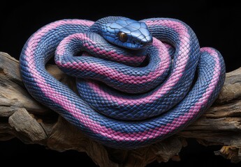 Obraz premium Captivating Blue and Pink Snake Coiled on Tree Branch Displaying Intricate Scales and Unique Coloration in a Studio Setting Against Dark Background