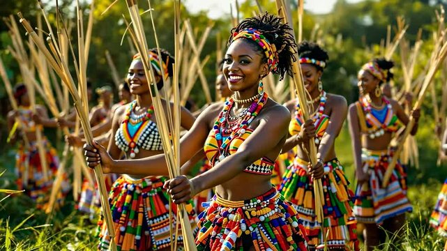 Vibrant Zulu Women Dance in Traditional Attire, Celebrating African Culture