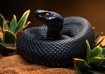 Obraz premium Captivating Close-Up of a Black Snake Coiled Among Dense Green Foliage on Sandy Terrain Showcasing Intricate Scale Details in Warm Lighting