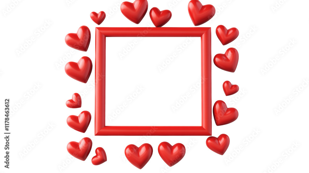 Poster a red square frame is surrounded by many smaller red hearts on a black background.