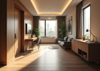 Modern living room with natural light in a city apartment during the day