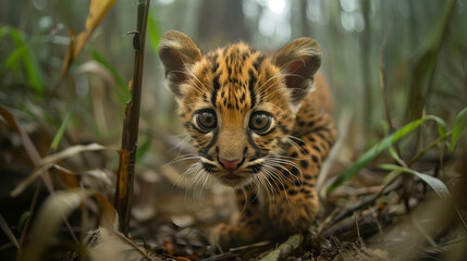 Fototapeta premium Young cheetah peering through grass in its natural habitat.