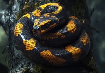 Fototapeta premium Captivating Close-Up of a Striking Black and Yellow Snake Coiled on a Tree Branch in a Lush Green Environment, Showcasing Its Intricate Scale Patterns and Beautiful Colors