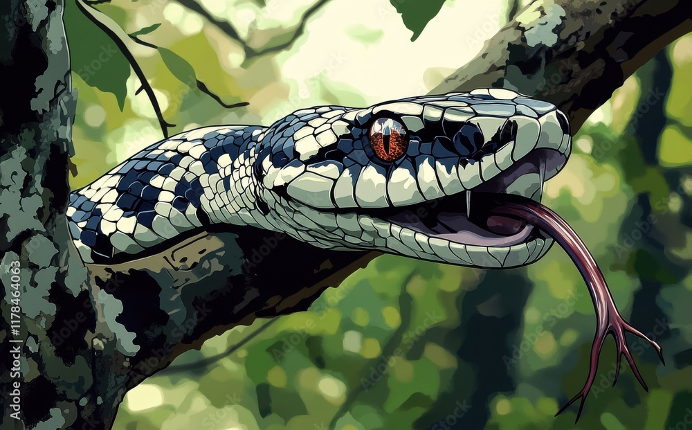 Poster captivating close-up of a vibrant snake in a natural setting with a striking pattern and intense gaz