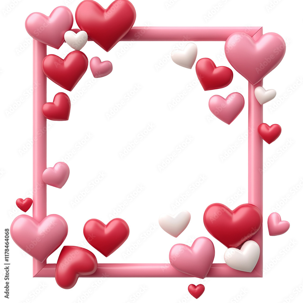 Poster a pink square frame is decorated with many pink and red hearts of varying sizes, creating a romantic