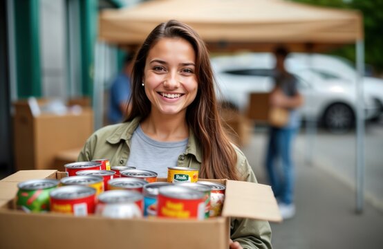 Smiling young woman carries cardboard box filled with canned food. Volunteer at outdoor donation event. Food bank support visible in background. Community care demonstrated. Giving back to society