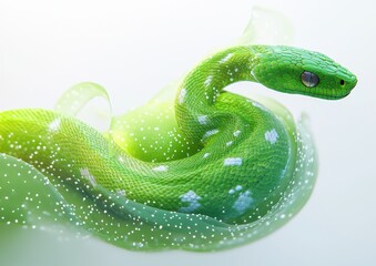 Obraz premium Captivating Green Snake Swimming Gracefully Through Ethereal Water with Lush Greenery and Sparkling Light Effects, Emphasizing Nature's Beauty and Serpentine Elegance