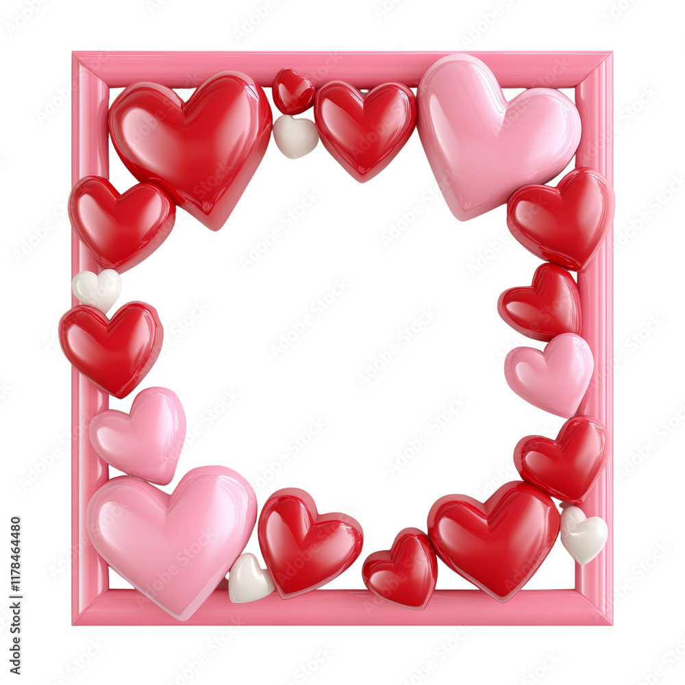 Poster a pink frame encircles numerous glossy red and pink hearts creating a romantic and festive image.