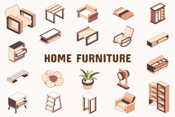 Home Furniture Lineal Color Vector Illustration Icon Sticker Set Design Materials