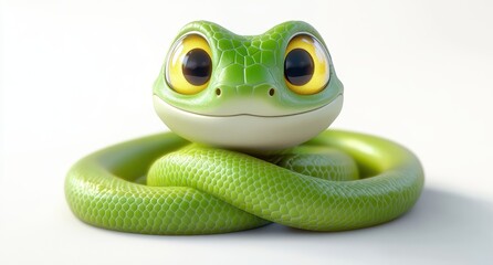 Fototapeta premium Charming Cartoon Green Snake with Big Eyes and Cute Expression, Ideal for Nature Themes, Kids Designs, or Environmental Awareness Campaigns and Illustrations.